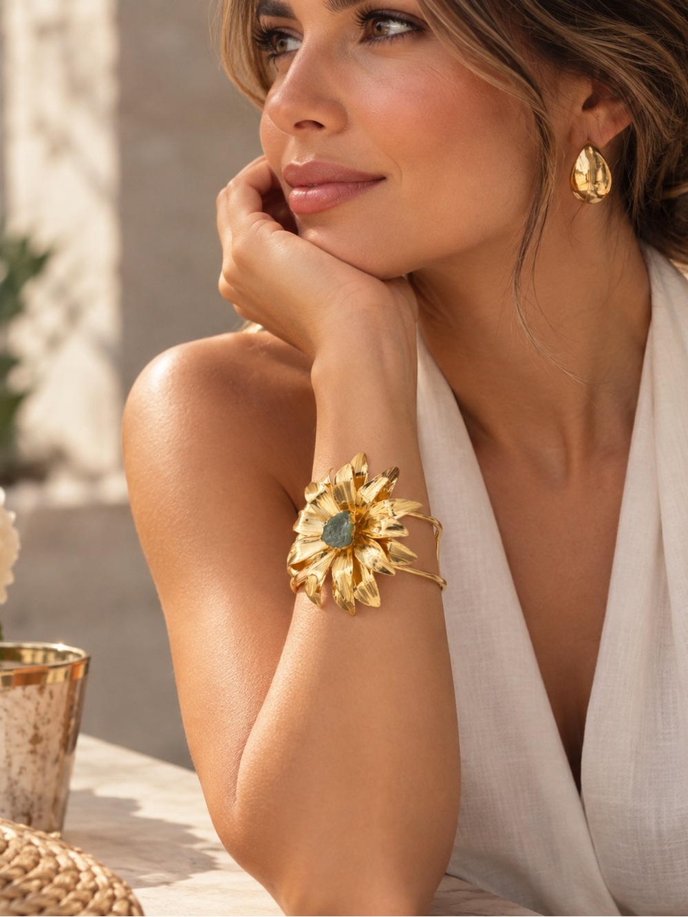 Handmade 24K Gold Plated Brass 3D Flower Statement Cuff Bracelet Colombia